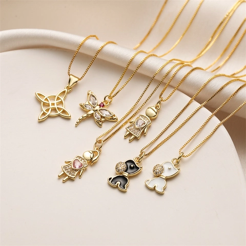 Copper Gold Plated Pendant Necklace Zircon Enamel Dragonfly Dog Boy Girl Witch Knot Minimalist Cute Jewelry For Women