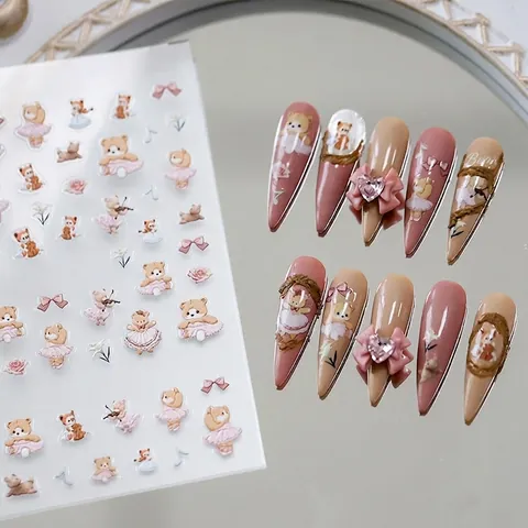 5D Embossed Nail Art Stickers Cartoon Bear Ballet Music Flower Bow 3D Relief Self Adhesive Decals For DIY Manicure Decoration