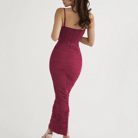 Ruched Maxi Jurk Dames Sexy Corset Lijfje Spaghettibandjes Bodycon Open Rug Avondfeest Clubwear