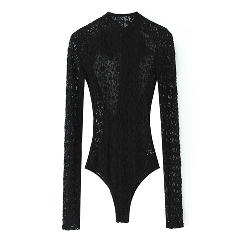 Body In Pizzo Nero E Minigonna Da Donna Floreale Trasparente Maniche Lunghe Collo Alto Fiocco Schiena Satén Elegante Sexy Outfit