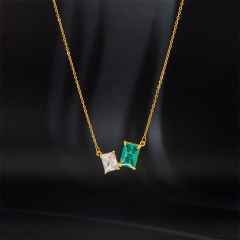 Double Rectangular Zircon Pendant Necklace Titanium Steel Chain Copper Geometric Jewelry For Women Light Luxury Style
