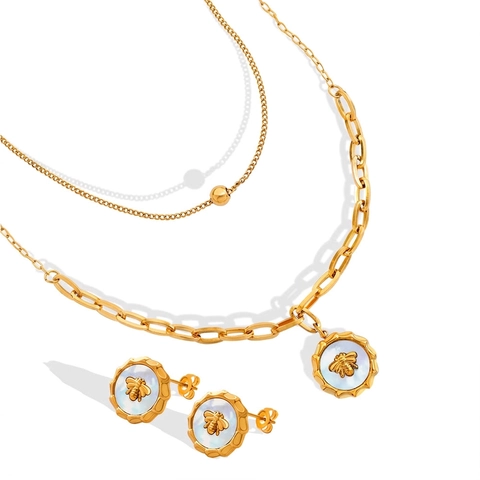 Honeybee Pendant Double Layer Necklace And Mother Of Artificial Pearl Earrings Titanium Steel Vintage Jewelry For Women