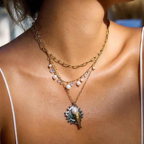 Collana Pendente Multistrato Acciaio Inossidabile Perla Artificial Imitazione Strass Impermeabile Ipoallergenico Gioielli Donna