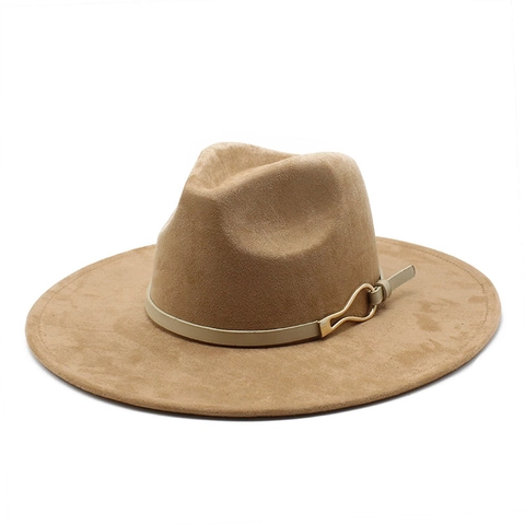 Wide Brim Fedora Hat Suede Fabric With Leather Belt Metal Buckle Retro Jazz Sun Protection For Men Women