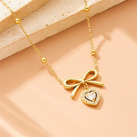 Herz Schleife Anhänger Halskette Edelstahl Vergoldet Mit Zirkon Elegante Perlenkette Schmuck Für Damen