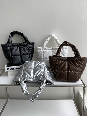 Women Puffer Handbag Quilted Padded Tote Bag Lightweight Chic Korean Style Square Lattice Pattern Solid Color Minimalist