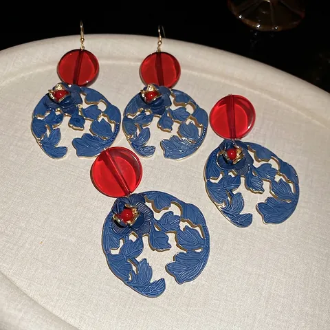 Vintage Flower Drop Earrings Alloy Enamel Resin Hollow Out Contrast Color Elegant Jewelry For Women With Silver Earring Post