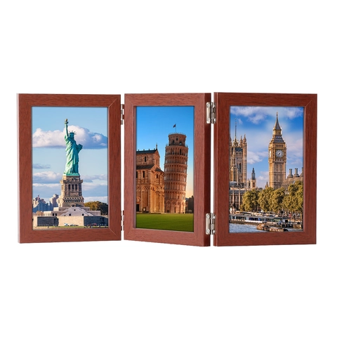 Triple Folding Wood Photo Frame Hinged Picture Frame Tabletop Desktop Display Multi Opening Modern Home Decor