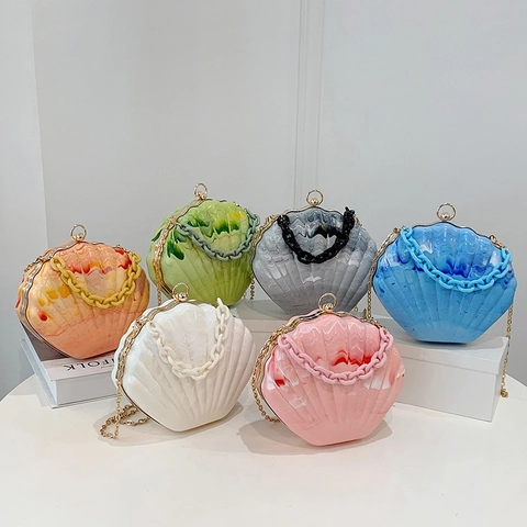 Sac À Bandoulière En Acrylique En Forme De Coquille Motif Marbre Double Chaîne Sac À Main De Soirée Pour Femmes
