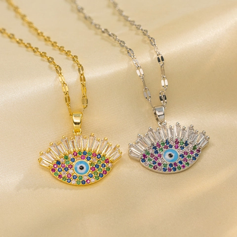 Evil Eye Anhänger Halskette Edelstahl Mit Bunten Strasssteinen Modeschmuck Vergoldet Versilbert Für Damen