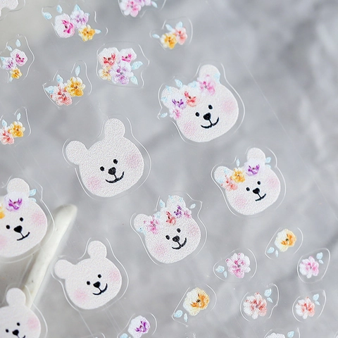 Cute Cartoon Bear Floral Nail Art Stickers Ultra Thin Self Adhesive 3D Relief Embossed Nail Decals For Women Manicure Decor