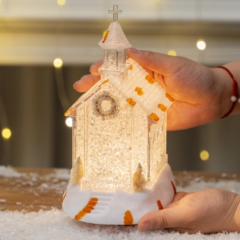 Ornement Église De Noël LED Lumineux Transparent Style Cristal Bâtiment Église Décoration De Table Lumière Chaude Décor Maison