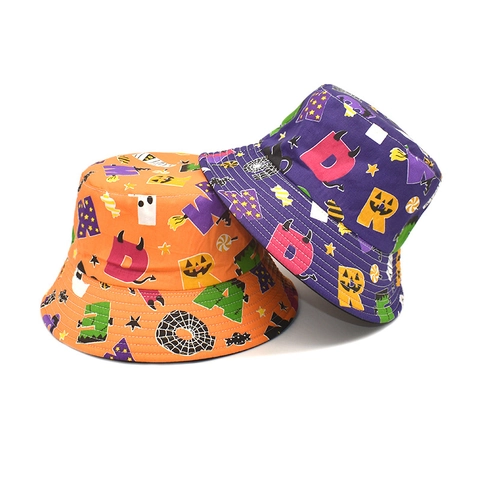 Cappello Alla Pescatora Halloween Tela Di Cotone Stampa Fronte-Retro Protezione Solare Aperto Festa Novità Unisex