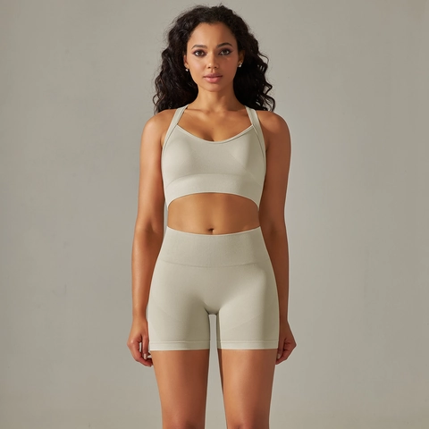 Abbigliamento Yoga Senza Cuciture Donna Reggiseno Sportivo Incrocio Dietro Pantaloncini Vita Alta Fitness
