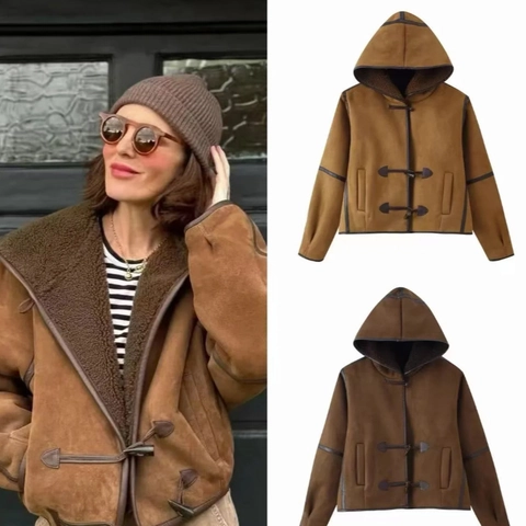 Damen Kapuzenjacke Aus Wildlederimitat Mit Lammfellfutter Knebelverschluss Kurze Jacke Locker Warm Retro Stil Streetwear