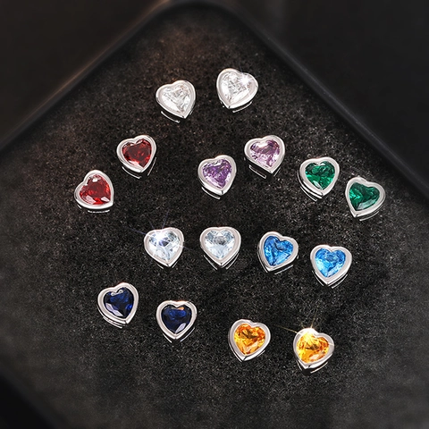 Colorful Heart Stud Earrings Copper Zircon Exquisite Sweet Small Design Fashionable Daily Wear Jewelry For Women