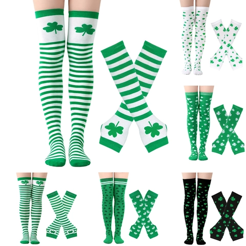 St Patricks Day Socks And Arm Warmers Polyester Clover Pattern Over Knee Thigh High Striped Irish Party Accessories