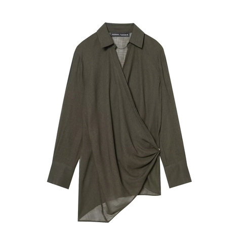 Women Asymmetric Wrap Blouse Long Sleeve V Neck Buttoned Casual Loose Top Solid Color Polyester