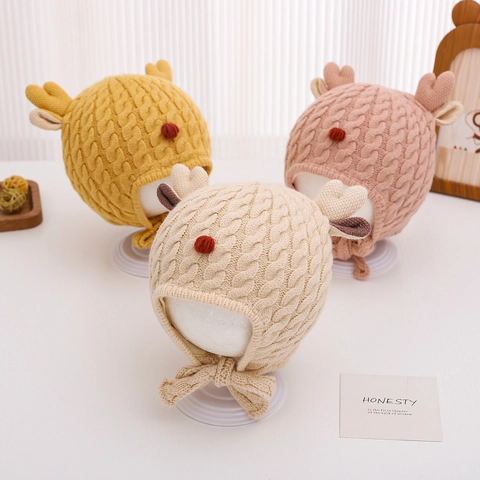 Berretto Maglia Neonato Inverno Renna Corna Trecce Paraorecchie Beanie Spesso Caldo Natale Pompon Per Bambini