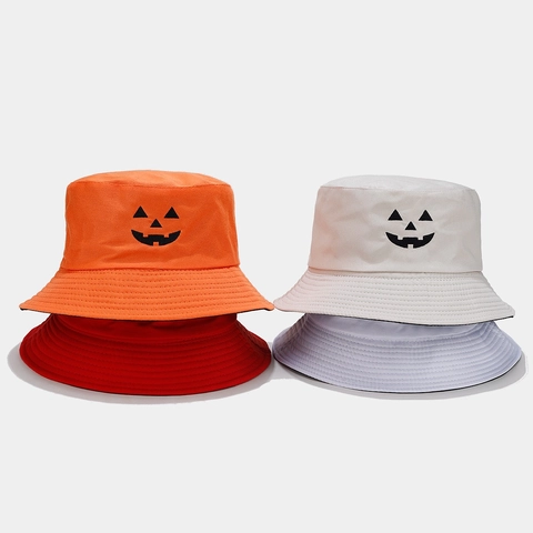 Halloween Jack-O-Lantern Pumpkin Reversible Bucket Hat Polyester Double Sided Embroidery Fisherman Hat For Men Women