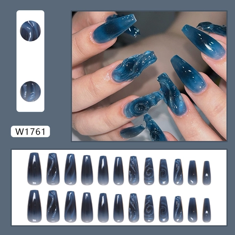 Faux Ongles Cercueil Longs À Presser Relief Océanique Tridimensionnel Dégradé Marbre Bleu Foncé Plastique ABS