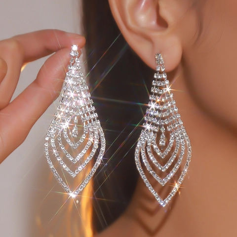 Pendientes de Gota de Borla Larga de Strass de Lujo para Mujer Pendientes Brillantes Geométricos de Gota de Agua para Banquete de Boda