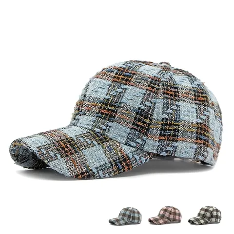 Plaid Tweed Baseball Cap Women Vintage Chic Hard Top Curved Brim Adjustable Outdoor Sun Protection Duck Tongue Hat