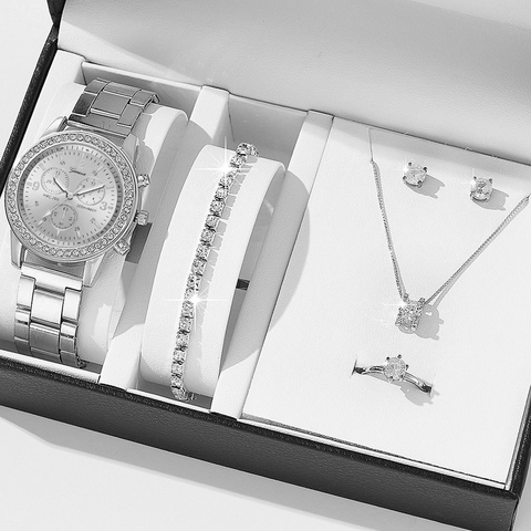 Women Jewelry Watch Necklace Bracelet Earrings Ring Alloy Rhinestone Quartz Wristwatch Elegant Stylish Gift For Her