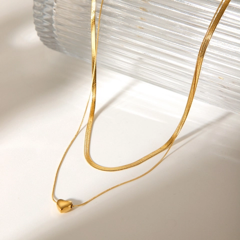 Double Layer Necklace Stainless Steel 18K Gold Plated Heart Pendant Snake Blade Chain Minimalist Fashion Jewelry For Women