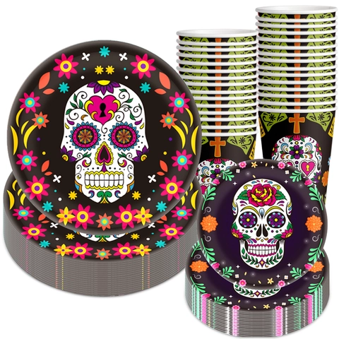 Day Of The Dead Halloween Disposable Tableware Paper Plates Cups Plastic Knives Forks Spoons Sugar Skull Floral Pattern