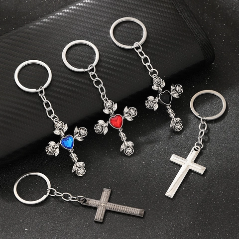 Portachiavi Croce Gotica Lega Di Zinco Cuore Strass Rosa Fiore Gioielli Scrittura Religiosa Per Uomini Donne Regalo