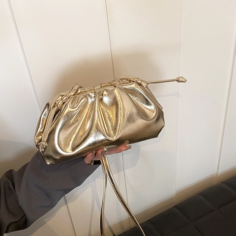 Borsa Nuvola In Pelle PU Metallica Pochette Pieghettata Arricciata Borsa A Tracolla Dumpling Per Donna Streetwear Elegante