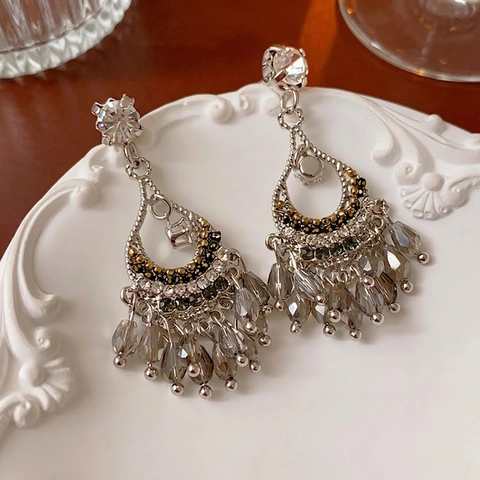 Bohemian Vintage Tassel Dangle Earrings With Silver Earring Post Hollow Out Water Drop Rhinestone Jewelry For Women