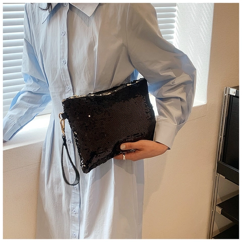 Women Sequin Clutch Bag Glitter Evening Pouch With Wristlet Strap For Party Wedding Sparkling Mini Makeup Purse