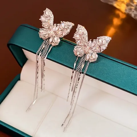 Butterfly Ear Cuff Long Chain Tassels Zircon Inlaid Copper Silver Plated Elegant Non Piercing Clip Earrings For Women