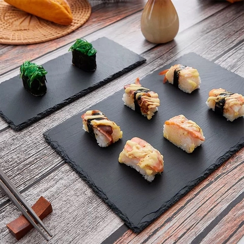 Natural Black Slate Plate Serving Tray For Sushi Steak Dessert Japanese Style Rustic Heat Resistant Charcuterie Board