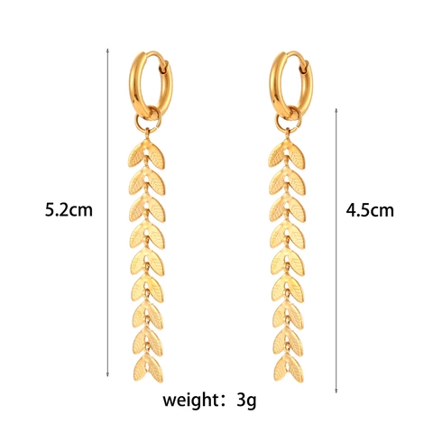 Gold Plated Stainless Steel Long Leaf Dangle Earrings Trendy Fishbone Wheat Motif Hoop Drop Jewelry For Women