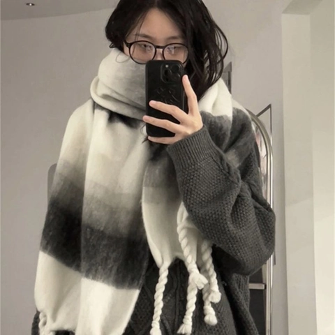 Oversized Gradient Scarf Thickened Warm Winter Shawl Faux Cashmere Tassel Scarf For Women Men Long Knitted Scarf Wrap