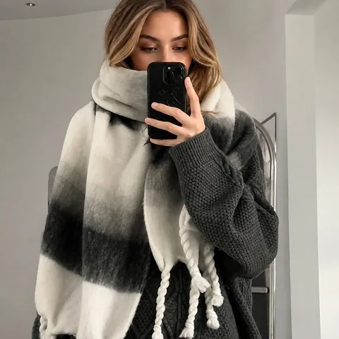 Oversized Gradiënt Sjaal Verdikt Warm Winter Sjaal Kunstparel Kwastje Sjaal Voor Vrouwen Mannen Lange Gebreide Sjaal