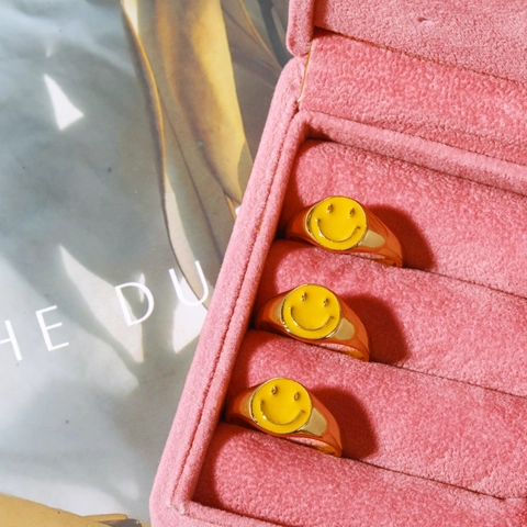 Gold Plated Copper Smiley Face Finger Ring With Yellow Enamel Trendy INS Style Fashion Jewelry For Women Girls