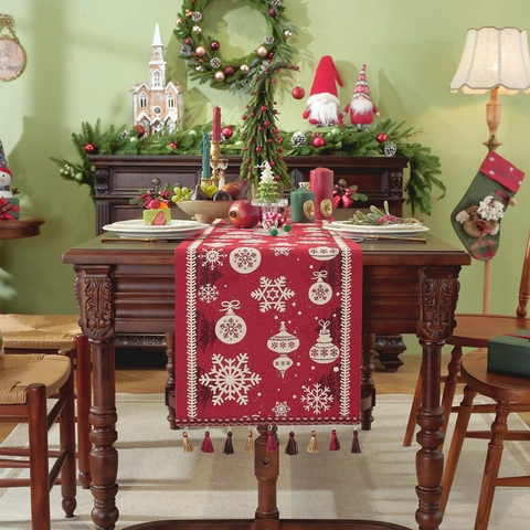 Camino De Mesa Navideño Poliéster Jacquard Copo De Nieve Sombrero De Papá Noel Patrón Borlas Decoración Mesa Fiesta