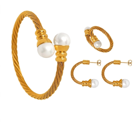 Titanstahl Gedrehtes Kabel Design Ring Armband Ohrringe Mit Glasperlen Dekoriert Elegant Mode Accessoires