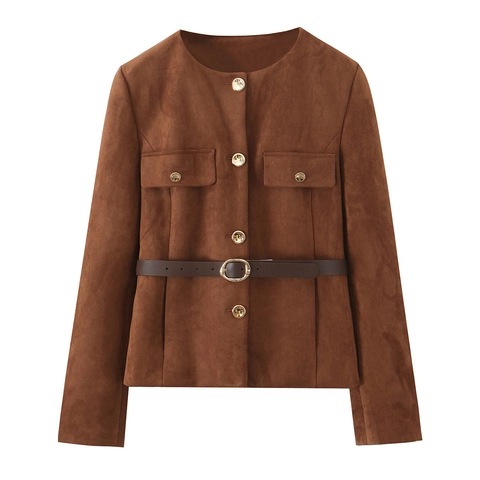 Women Elegant Faux Suede Short Jacket Round Neck Gold Button Blazer With Belt Solid Color Slim Fit Autumn Outerwear