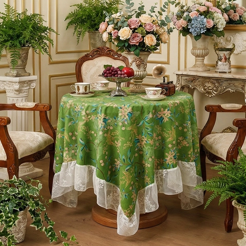 Nappe Vintage Française en Chenille Vert Orange Motif Floral Botanique Bordure en Dentelle Couverture de Table Carrée Ronde