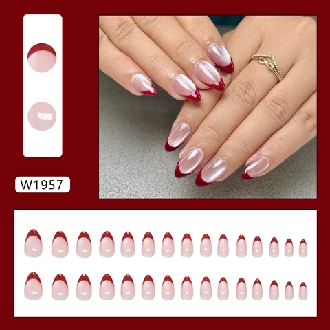 Retro Französisch Weinrot Katzenauge Press On Nägel Mandelform Glänzend Nude Rosa ABS Maniküre Für Frauen
