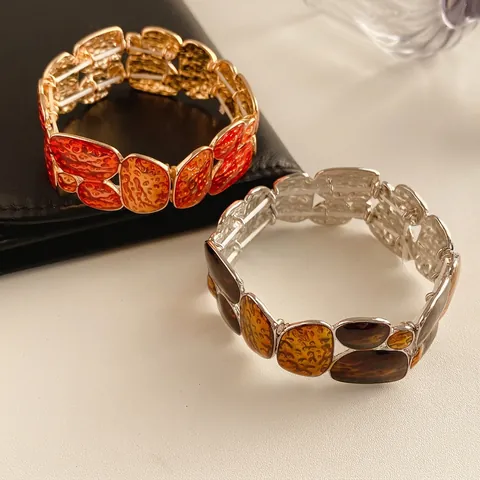 Bracciale Patchwork Geometrico Vintage Lega Smalto Texture Martellata Bracciale Rigido Largo Elastico Gioielli Moda Retrò Donne