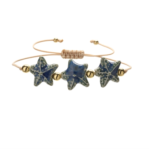 Starfish Snail Beaded Bracelet Handmade Ceramic Beads With Copper Accents Adjustable Braided Rope Bohemian Ocean Style
