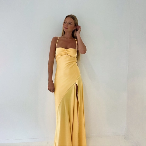 Satin Maxi Dress Spaghetti Strap High Slit Pleated Bust Backless Slim Fit Evening Party Gown For Women