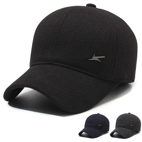Men Winter Baseball Cap Woolen Warm Windproof With Foldable Ear Flaps Sports Adjustable Outdoor Solid Color Cold Weather