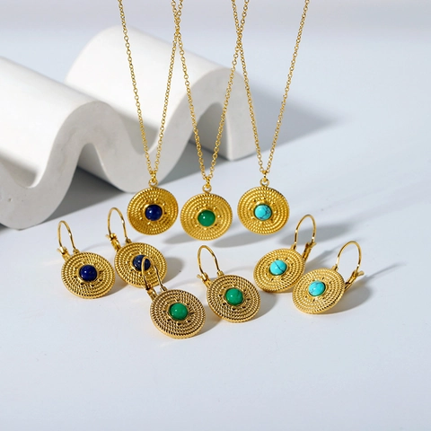 Retro Ronde Hanger Ketting En Leverback Oorbellen Roestvrij Staal Verguld Met Turquoise Groene Edelsteen Voor Dames